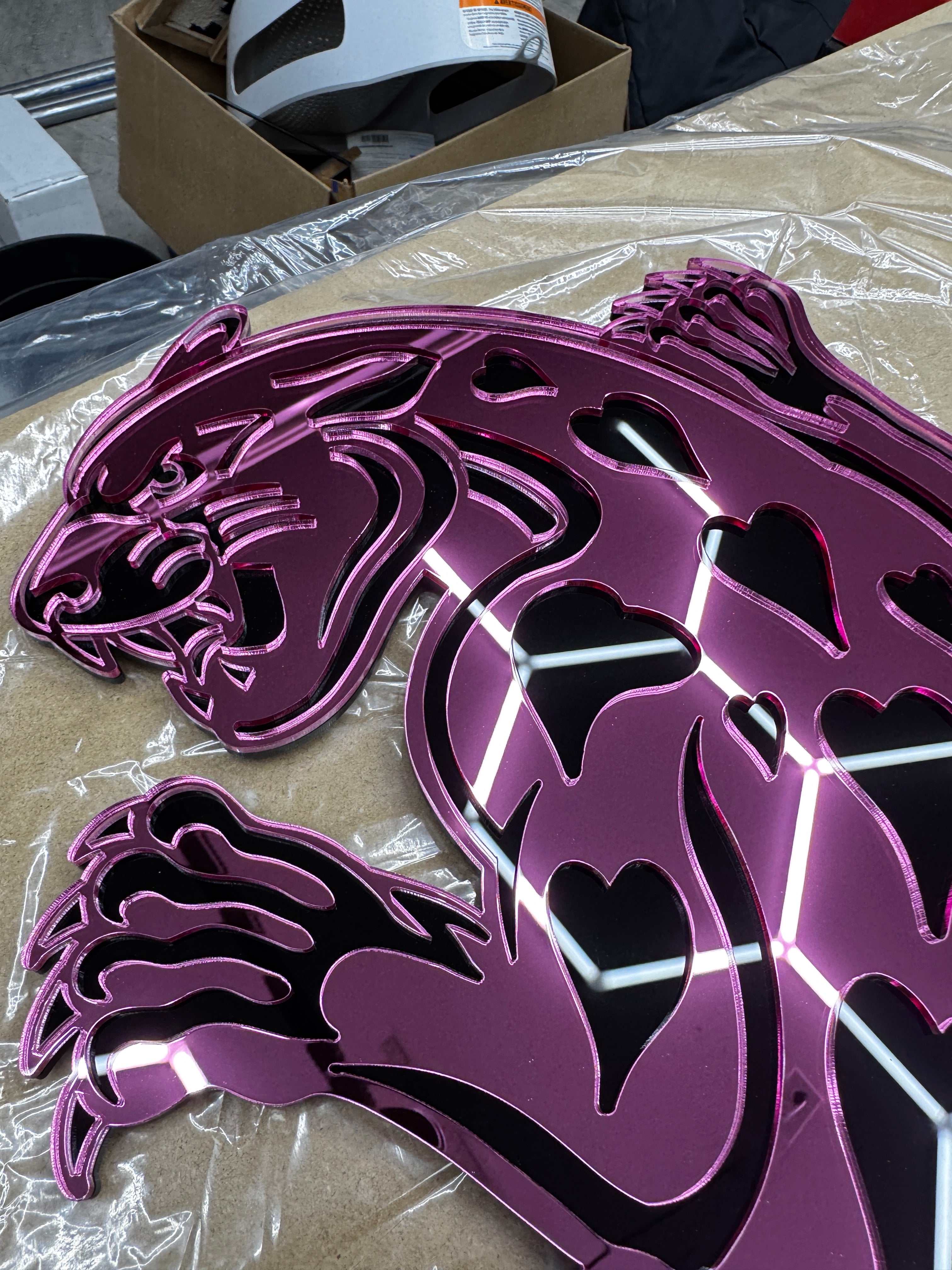 Black Hearted / Pink Body Mirror Acrylic Panther Wall Hanging
