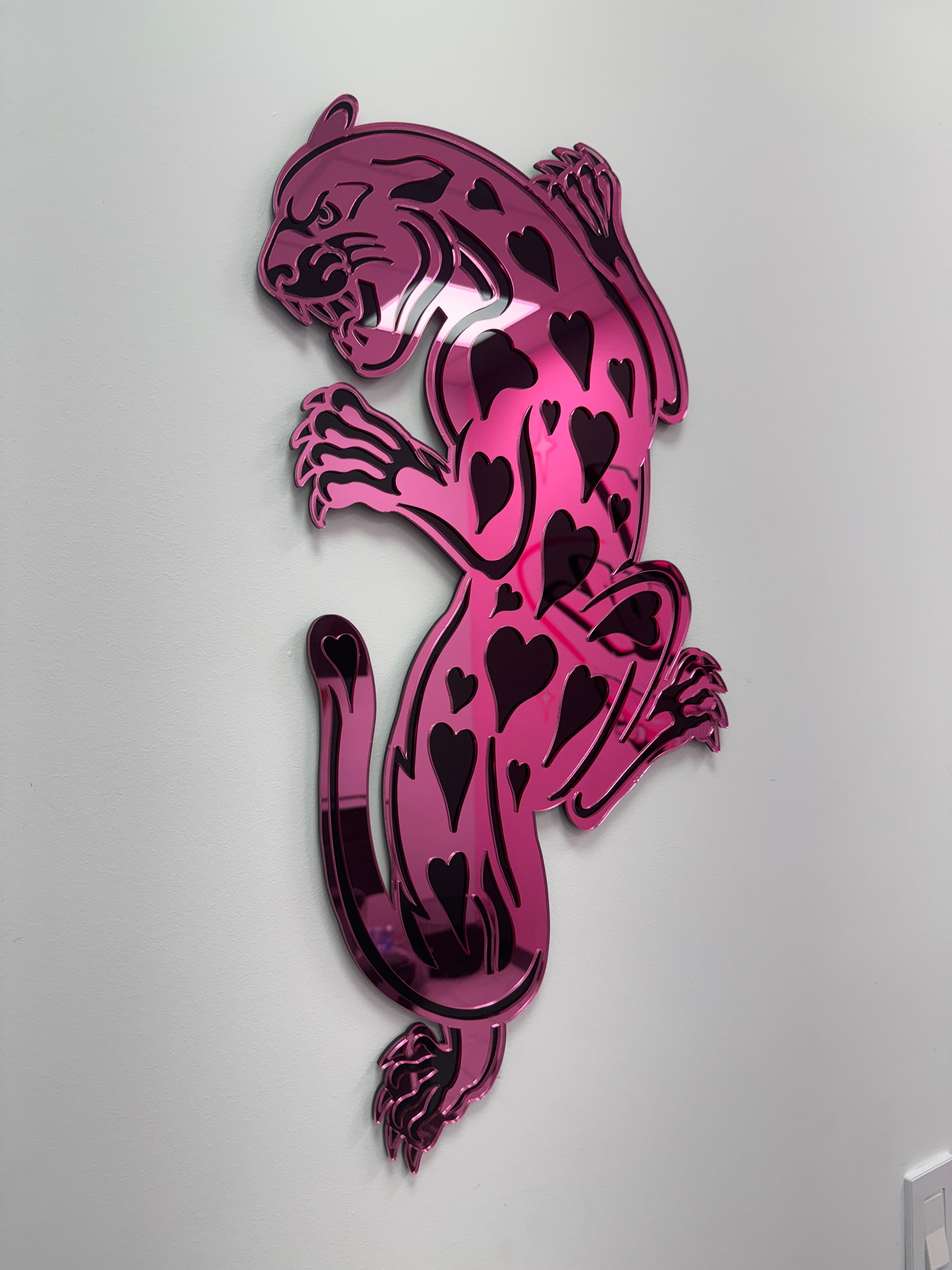 Black Hearted / Pink Body Mirror Acrylic Panther Wall Hanging