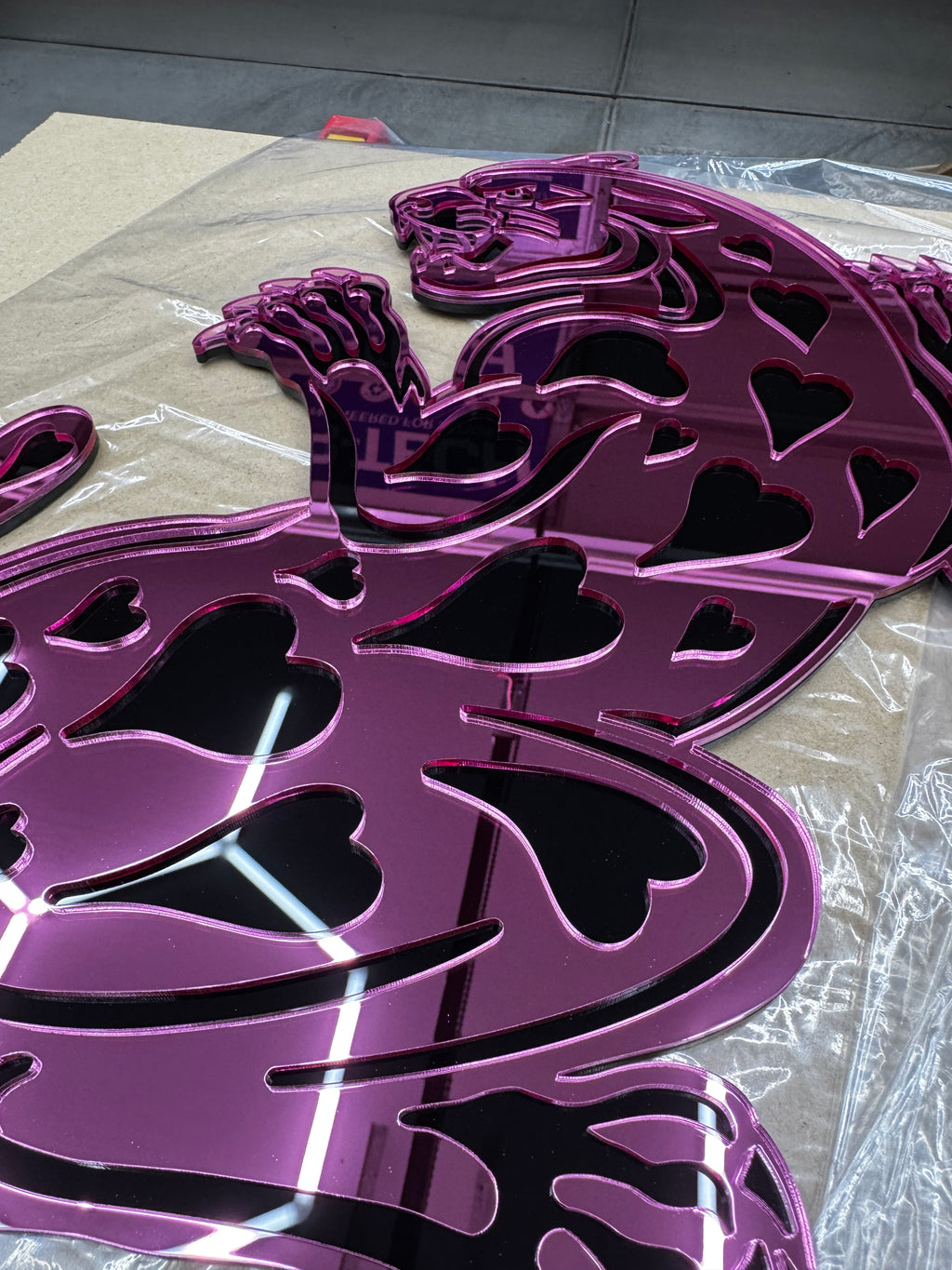 Black Hearted / Pink Body Mirror Acrylic Panther Wall Hanging